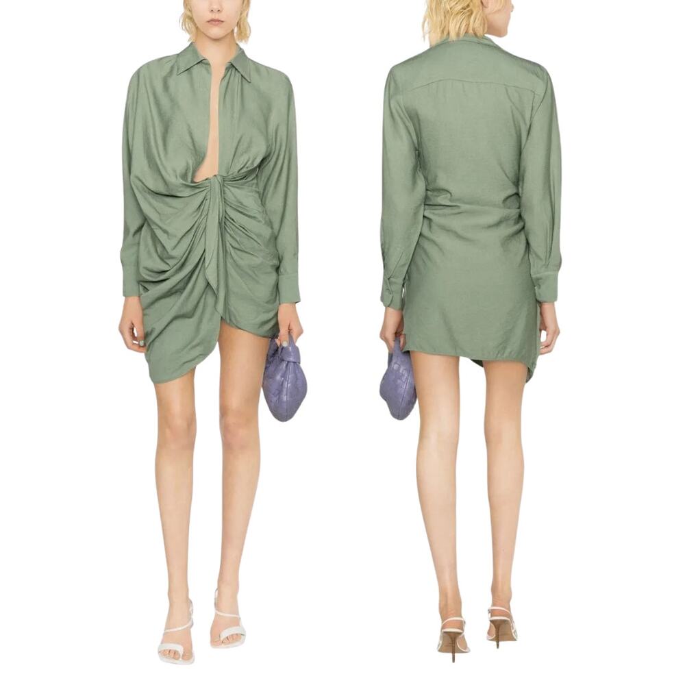 Jacquemus Le Raphia Shirt Dress Draped La Robe Bahia Sage Green Mini Dress 34 2 - Picture 1 of 7